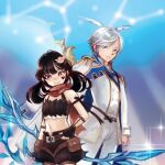  1boy 1girl angeling black_gloves black_shorts black_tube_top blue_eyes blue_sky bow_(weapon) brown_scarf buttons closed_mouth coat commentary_request constellation cowboy_shot double-breasted epaulettes facial_mark fingerless_gloves gloves gobaku_no_hito grey_hair hair_ornament head_wings heart heart_facial_mark holding holding_bow_(weapon) holding_weapon jacket looking_at_viewer low_twintails medium_hair midriff navel open_fly pants ragnarok_masters ragnarok_online ranger_(ragnarok_online) scarf short_hair shorts sky smile strapless tube_top twintails weapon white_coat white_jacket white_pants white_wings wings 