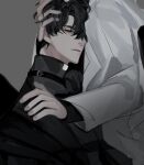  2boys aegyo_sal black_coat black_eyes black_hair black_shirt coat collared_shirt hand_on_another's_head hand_on_another's_shoulder hayu_beck head_on_chest highres kim_dokja leaning_on_person looking_at_viewer male_focus multiple_boys omniscient_reader's_viewpoint open_clothes open_coat out_of_frame popped_collar shirt short_hair white_coat yaoi yoo_joonghyuk 