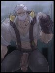  1boy abs bara beard beard_over_mouth bidbrok black_border border broad_shoulders clothes_lift commentary_request drayden_(pokemon) facial_hair foreskin full_beard gloves half-erect highres huge_pectorals male_focus mature_male muscular muscular_male navel old old_man pectoral_cleavage pectorals penis penis_out pokemon pokemon_bw purple_gloves rain see-through_clothes see-through_shirt shirt shirt_lift short_hair sleeves_rolled_up solo spanish_commentary suspenders veins veiny_penis wet wet_clothes wet_pants wet_shirt white_hair white_shirt 