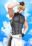  1boy abs absurdres akeuraji_tsukasa aoshima93 arm_up black_gloves black_pants blonde_hair commentary_request day fingerless_gloves gloves hand_on_own_hip highres male_focus medalist_(manga) outdoors pants pectorals shading_eyes solo standing sweat toned toned_male yellow_eyes zipper 