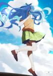  1girl bang_dream! bang_dream!_it's_mygo!!!!! blue_hair brown_shoes brown_sweater_vest cloud floating_hair green_skirt hair_ribbon haneoka_school_uniform highres kebohan long_hair pleated_skirt ribbon school_uniform shoes short_hair skirt socks solo sweater_vest togawa_sakiko white_socks 