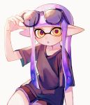  1girl :o adjusting_eyewear black-framed_eyewear black_shirt black_shorts breasts colored_tongue commentary_request eyewear_on_head hand_up highres inkling inkling_girl inkling_player_character kodak_painter long_hair long_pointy_ears looking_at_viewer open_mouth pointy_ears purple_hair purple_tongue shirt short_sleeves shorts simple_background small_breasts solo splatoon_(series) sunglasses t-shirt tentacle_hair white_background yellow_eyes 