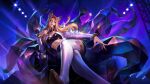  1girl ahri_(league_of_legends) boots choker crossed_legs crystal crystal_tail diffraction_spikes facial_mark heart heart_choker highres k/da_(league_of_legends) k/da_unbound_ahri league_of_legends leaning_to_the_side lips long_hair looking_at_viewer marble_(stone) microphone miniskirt official_art parted_lips polar_engine sitting sitting_on_throne skirt solo stage_lights tail thigh_boots toned toned_female whisker_markings 
