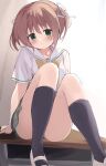  1girl absurdres black_socks blush bow bowtie brown_hair choppy_bangs closed_mouth commentary_request desk foot_out_of_frame green_eyes green_skirt highres knees_up looking_at_viewer miniskirt on_desk original panties panty_peek penis plaid_clothes plaid_skirt sailor_collar school_desk school_uniform serafuku shirt shoes short_hair short_sleeves skirt smile socks solo split_mouth takepoison two_side_up underwear uwabaki white_panties white_sailor_collar white_shirt yellow_bow yellow_bowtie 