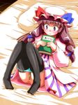  akagi_yuuto bad_id bad_pixiv_id bandaid bandaid_on_pussy black_legwear blue_panties blush book dress hair_ribbon hat long_hair lying multicolored multicolored_clothes multicolored_dress on_back panties patchouli_knowledge pillow pink_dress purple_dress purple_eyes purple_hair ribbon solo striped striped_dress thighhighs touhou underwear 