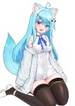  1girl absurdres ahoge animal_ears aqua_hair bare_shoulders black_thighhighs blue_eyes blue_ribbon breasts cardigan collared_shirt commentary commission english_commentary flower hair_flower hair_ornament heterochromia highres medium_breasts neck_ribbon original pink_eyes pocari_(sq551) ribbon shirt shoes simple_background sitting sleeveless sleeveless_shirt solo tail thighhighs thighs vrchat vrchat_(medium) wariza white_background white_cardigan white_flower white_shirt white_shoes 