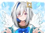  1girl amane_kanata amane_kanata_(1st_costume) angel angel_wings black_dress blue_hair closed_mouth commentary_request dress grey_hair hair_intakes halo hololive kumarang looking_at_viewer smile solo star_halo turtleneck turtleneck_dress virtual_youtuber wings 