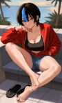  1girl :/ absurdres anklet bare_legs barefoot beach black_hair black_nails black_sports_bra blue_hair blurry blurry_background breasts brown_eyes cleavage collarbone commentary couch cutoffs denim denim_shorts english_commentary feet foot_on_own_leg hair_between_eyes hand_on_own_cheek hand_on_own_face head_rest highres jacket jewelry looking_at_viewer medium_breasts nail_polish navel navel_piercing nihu on_couch original palm_tree partially_unzipped piercing red_jacket sandals shiragi_(nihu) short_hair shorts single_hair_streak sitting solo sports_bra thighs toenail_polish toenails toes tree unworn_sandals 