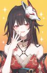  1girl :d absurdres bell black_hair breasts butterfly-shaped_pupils cleavage commentary detached_sleeves eyeliner facial_mark floral_print flower_tattoo fox_mask hair_down hair_ornament hand_up highres honkai:_star_rail honkai_(series) japanese_clothes light_blush long_hair looking_at_viewer makeup mask neck_bell pink_eyes red_eyeliner sidelocks smile sparkle sparkle_(honkai:_star_rail) strap symbol-shaped_pupils taneseed_fun tattoo upper_body very_long_hair x_hair_ornament yellow_background 