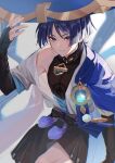  1boy anemo_symbol_(genshin_impact) arm_at_side armor belt bishounen black_belt black_bodysuit black_bow black_bridal_gauntlets black_hair black_shorts blue_cape blue_gemstone blue_hat blue_kimono blue_sleeves blunt_ends bodysuit bow bridal_gauntlets cape collarbone commentary_request covered_collarbone eyeliner eyeshadow feathers gem genshin_impact glint gold gold_ring hakama hakama_shorts hand_up hat highres japanese_armor japanese_clothes jingasa juban kimono kote kurokote layered_sleeves looking_at_viewer makeup male_focus mandarin_collar middle_ring multicolored_hair oguma_000 open_clothes open_hand open_kimono parted_lips pectorals pleated_shorts pom_pom_(clothes) purple_eyes purple_rope purple_sash red_eyeliner red_eyeshadow rope sash scaramouche_(genshin_impact) short_sleeves shorts single_bare_shoulder single_off_shoulder solo streaked_hair tassel tsurime wanderer_(genshin_impact) white_hair white_kimono white_mouth white_sleeves white_trim yellow_feathers 