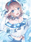  1girl 493water air_bubble arched_back arm_up bare_shoulders blue_background blue_eyes bracelet brown_hair bubble clothing_cutout commentary_request dress earrings frills gem grey_hair hand_on_own_hip head_tilt heart highres idol jewelry koi_ni_naritai_aquarium looking_at_viewer love_live! love_live!_sunshine!! midriff navel pearl_bracelet red_gemstone ribbon salute simple_background single_earring skirt smile solo striped_clothes tiara watanabe_you white_background 
