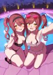  2girls absurdres armpits bikini black_bikini black_hairband blush breasts cleavage collarbone commentary_request eyewear_on_head frilled_bikini frills hairband heart heart-shaped_eyewear highres holding_hands idolmaster idolmaster_shiny_colors idolmaster_shiny_colors_song_for_prism kneeling long_hair looking_at_viewer medium_breasts multiple_girls navel open_mouth osaki_amana osaki_tenka outdoors outstretched_arm pool poolside reaching reaching_towards_viewer red-tinted_eyewear red_hair selfie siblings side_ponytail sisters smile sunglasses sweat swept_bangs swimsuit tinted_eyewear twins v wanitaroo._(waniwani_panic) water white_bikini yellow-framed_eyewear yellow_eyes 