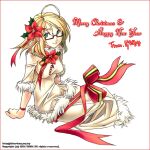  1girl 2004 ahoge archived_source artist_name blonde_hair bow breasts candy candy_cane candy_cane_ornament christmas closed_mouth copyright_notice cursive detached_collar english_text flower food full_body fur-trimmed_shirt fur-trimmed_skirt fur-trimmed_sleeves fur_collar fur_sleeve_cuffs fur_trim glasses green_eyes h2so4 hair_flower hair_ornament hands_on_ground happy_new_year heart korean_text large_bow leaf lips long_shirt long_skirt looking_at_viewer medium_breasts medium_hair merry_christmas off-shoulder_shirt off_shoulder original parted_hair poinsettia rectangular_eyewear red-framed_eyewear red_bow red_flower red_ribbon ribbon semi-rimless_eyewear shirt sidelocks sitting skirt sleeve_cuffs smile solo straight_hair three-quarter_sleeves under-rim_eyewear web_address white_background yellow_shirt yellow_skirt yellow_sleeves yokozuwari 