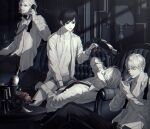  4boys abs absurdres ahoge america_(hetalia) antique_phone axis_powers_hetalia belt bottle bucket buttons cherry cigarette closed_eyes closed_mouth collarbone collared_shirt commentary_request couch cup drinking_glass feet_out_of_frame fingernails food france_(hetalia) fruit glasses grapes greyscale hair_between_eyes hand_up hands_up highres holding holding_cigarette holding_phone indoors japan_(hetalia) lamp lighter lips long_sleeves looking_at_viewer lying male_focus male_underwear monochrome multiple_boys muscular muscular_male navel necktie npyon on_back on_couch open_clothes open_shirt pants pectorals phone puffy_long_sleeves puffy_sleeves rotary_phone semi-rimless_eyewear shadow shirt short_hair sitting sitting_on_person smile smoke smoking strawberry striped_clothes striped_shirt table tassel teeth tray underwear united_kingdom_(hetalia) wine_glass yaoi zippo_lighter 
