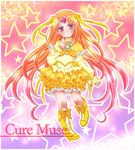  boots bow brooch character_name choker circlet cure_muse_(yellow) dress frills gradient gradient_background hair_ribbon heart highres jewelry long_hair magical_girl orange_hair parara_kerusu pink_background precure purple_background red_eyes ribbon shirabe_ako solo star starry_background suite_precure yellow_dress 