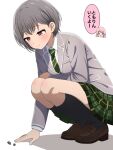  2girls bang_dream! bang_dream!_it's_mygo!!!!! black_socks blush breasts brown_eyes brown_shoes chihaya_anon closed_mouth commentary_request diagonal-striped_clothes diagonal-striped_necktie green_necktie green_skirt grey_eyes grey_hair haneoka_school_uniform highres kneehighs loafers long_hair medium_breasts multiple_girls necktie noshimurin open_mouth pillbug pink_hair school_uniform shoes short_hair simple_background skirt socks squatting striped_clothes takamatsu_tomori translated white_background 