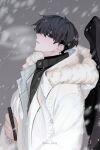  1boy absurdres black_eyes black_hair black_shirt black_wings breath coat commentary_request feathered_wings from_side fur_collar hayu_beck head_tilt highres holding holding_phone hood hood_down kim_dokja korean_commentary looking_at_viewer male_focus omniscient_reader's_viewpoint phone shirt short_hair snowing solo upper_body wings winter_clothes winter_coat 