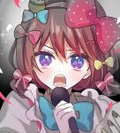  1girl absurdres blue_eyes bow brown_hair commentary eye_reflection girls_band_cry hair_bow hair_ornament hairclip hamchan69 highres iseri_nina koe_naki_sakana long_hair low_twintails open_mouth portrait red_bow reflection short_hair short_twintails solo teeth twintails 