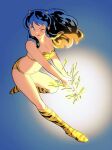  1girl bikini boots breasts collarbone commentary cone_horns electricity frown full_body highres horns knee_boots long_hair looking_at_viewer lum navel one_eye_closed own_hands_together pointy_ears print_bikini print_boots sidelocks solo swimsuit urusei_yatsura wara_no_taba 
