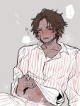  1boy blush body_blush brown_hair buttons closed_eyes cum cum_on_body grey_background heathcliff_(project_moon) lapels limbus_company long_sleeves male_focus nervous_sweating notched_lapels open_mouth pajamas parted_bangs project_moon shirt simple_background sitting solo striped_clothes striped_shirt sweat tama_launcher wet_dream white_shirt 