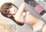  1girl apollo_(hu_maple) arched_back armpits blush breasts brown_hair censored censored_text clothes_lift clothes_writing commentary_request dutch_angle from_side grey_panties grey_sports_bra highres indoors long_hair looking_at_viewer looking_to_the_side medium_breasts open_mouth original panties solo sports_bra sports_bra_lift straight_hair sweat turning_head underwear underwear_only underwear_writing undressing yellow_eyes 