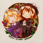  2girls :d belt black_belt black_capelet black_hat black_skirt blonde_hair blush bow bowtie brown_hair butter buttons capelet chibi chibi_only closed_mouth collared_dress contrast_collar crossed_arms dress dress_shirt food hair_between_eyes hat hat_bow highres leaf long_sleeves maribel_hearn marker_(medium) multiple_girls overgrown plant puffy_long_sleeves puffy_sleeves red_bow red_bowtie sanwa_no_jako_(daikichi_club) shirt short_hair skirt sleeve_garter smile torifune_(touhou) touhou traditional_media trojan_green_asteroid usami_renko vines white_background white_bow white_shirt |_| 