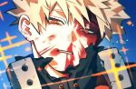  bakugou_katsuki black_shirt blonde_hair blood blood_on_face blue_background boku_no_hero_academia chacha_(ochaco_gnsn) commentary_request highres injury looking_at_viewer parted_lips red_eyes shirt short_hair sparkle spiked_hair sweat torn_clothes 
