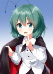  1girl :d antennae black_cape blue_background blue_eyes blush cape collared_shirt commentary_request gradient_background green_hair hand_up highres index_finger_raised long_sleeves looking_at_viewer open_mouth red_cape ruu_(tksymkw) shirt short_hair smile solo sweat touhou two-sided_cape two-sided_fabric upper_body white_background white_shirt wriggle_nightbug 