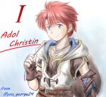  1boy adol_christin armor belt blue_eyes brown_gloves buckler commentary_request countdown curtained_hair gloves jewelry necklace pendant red_hair shell shell_necklace shield simple_background weapon you_george24 ys ys_x:_nordics 