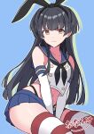  1girl animal_ear_hairband animal_ear_headwear animal_ears between_legs black_hair black_hairband black_neckerchief black_panties blue_sailor_collar blue_skirt blunt_bangs brown_eyes cosplay crop_top dated elbow_gloves fake_animal_ears feet_out_of_frame gloves hairband highleg highleg_panties highres idolmaster idolmaster_shiny_colors kantai_collection long_hair looking_at_viewer mayuzumi_fuyuko microskirt miniskirt nanafumi_(nanafumino) neckerchief panties pleated_skirt rabbit_ears sailor_collar shimakaze_(kancolle) shimakaze_(kancolle)_(cosplay) shirt signature skirt sleeveless sleeveless_shirt solo striped_clothes striped_thighhighs thighhighs two_side_up underwear v_arms watermark white_gloves zettai_ryouiki 