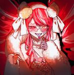  1girl :d absurdres blush candy commentary drill_hair english_commentary flat_chest food fur_trim highres hololive hololive_indonesia jewelry kghazir kureiji_ollie lollipop long_hair looking_at_viewer multicolored_hair necklace open_mouth pearl_necklace purple_thighhighs red_hair smile solo stitched_face stitches streaked_hair thighhighs tongue tongue_out twin_drills twintails two-tone_hair virtual_youtuber white_hair x-shaped_eyewear 