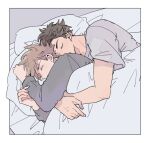  2boys blue_oak border brown_hair closed_eyes commentary_request ebisono2 grey_shirt long_sleeves lying male_focus multiple_boys on_side parted_bangs pillow pokemon pokemon_sm red_(pokemon) shirt short_hair short_sleeves spooning under_covers white_border yaoi 