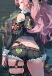  1girl ai-generated ass ass_focus black_ribbon breasts crop_top from_behind green_eyes hair_ornament hair_ribbon hairclip heart highres jewelry large_breasts long_hair looking_at_viewer mole mole_on_thigh mole_under_eye nicole_demara o-ring o-ring_thigh_strap pink_hair raaivault ribbon shorts smile solo thigh_strap zenless_zone_zero 