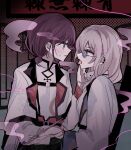  2girls blue_eyes blush chinese_clothes commentary earclip girls_band_cry grey_eyes grey_hair hamchan69 hand_on_another's_chin highres holding holding_another's_wrist holding_smoking_pipe indoors iseri_nina kawaragi_momoka multiple_girls parted_lips red_hair red_nails shirt short_twintails sitting sitting_on_lap sitting_on_person smoke smoking_pipe sunglasses sweatdrop tongue tongue_out twintails white_hair white_shirt yuri 