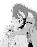  1boy 1girl arm_belt arms_around_neck beard_stubble belt belt_buckle black_shorts blush buckle closed_eyes collared_shirt commentary_request couple dress_shirt facial_hair facing_another greyscale hand_on_another's_arm hetero jacket jacket_partially_removed kiss kissing_forehead lab_coat lapels leaning_back long_hair long_sleeves makise_kurisu monochrome notched_lapels object_in_pocket okabe_rintarou pen_in_pocket pocket rocni science_adventure shirt short_hair shorts simple_background star_(symbol) star_print steins;gate stubble t-shirt white_background white_belt white_shirt 