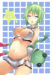 aquarion_(series) aquarion_evol bad_id bad_pixiv_id blue_eyes breasts cameltoe cleavage cleavage_cutout eguegu green_hair highres large_breasts midriff navel open_mouth revealing_clothes short_shorts shorts solo star zessica_wong 