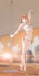  1girl arm_up barefoot breasts brown_hair crop_top full_body highres nabipenciller navel original pole short_shorts shorts small_breasts solo stretching twilight window 
