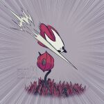  1girl arthropod_girl black_eyes black_skin blank_eyes cloak colored_skin commentary english_commentary failure flower full_body gameplay_ability gameplay_mechanics highres holding holding_weapon hollow_eyes hollow_knight hollow_knight:_silksong horned_mask hornet_(hollow_knight) horns mask motion_lines needle_(hollow_knight) oru_(0ruru_0ru95) red_cloak solo spikes truth twitter_username weapon 