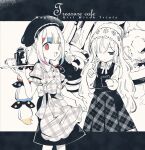  2girls apron beret blunt_bangs bow clipboard collared_shirt commentary_request copyright_name cup fork fuukadia_(narcolepsy) hair_over_one_eye hand_up hat headscarf heterochromia highres holding holding_clipboard holding_pen holding_tray jogasaki_noah knife long_hair long_sleeves looking_at_viewer mahou_shoujo_no_majo_saiban multicolored_hair multiple_girls natsume_an-an neck_ribbon official_alternate_costume open_mouth partially_colored pen plaid_clothes plaid_skirt pleated_skirt polka_dot polka_dot_bow red_eyes ribbon shirt skirt smile standing streaked_hair teacup tray treasure_cafe waist_apron waitress 