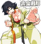  black_hair bra breasts choker cleavage clenched_hand dougi fighting_stance large_breasts leaning_forward lingerie makoto_(street_fighter) oetarou open_clothes red_bra ribbon_choker short_hair solo sports_bra street_fighter street_fighter_iii_(series) underwear 