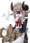  1girl absurdres animal_ears aoki_midori_(artist) apron artist_name black_horns bob_cut brown_hair button_eyes buttons cerberus curled_horns cyclops dog highres horns maid maid_apron maid_headdress medium_hair one-eyed original red_eyes solo white_background 