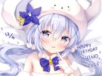  1girl 2025 amedamacon bare_shoulders bed_sheet bell blue_bow blue_eyes blue_flower blue_hair blush bow character_name commentary_request dated flower fur-trimmed_gloves fur_trim gloves gochuumon_wa_usagi_desu_ka? hair_between_eyes hair_ornament hand_up happy_birthday hat kafuu_chino long_hair looking_at_viewer low_twintails lying neck_bell on_back parted_lips smile solo tippy_(gochiusa) twintails upper_body white_gloves white_hat x_hair_ornament 