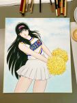  1girl art_tools_in_frame asaoka_natsumi black_hair brown_eyes cheerleader clothes_writing commentary_request cowboy_shot hairband highres long_hair looking_at_viewer miniskirt miura_mitsuru official_artist_extra open_mouth pink_hairband pleated_skirt pom_pom_(cheerleading) shirt skirt sleeveless sleeveless_shirt smile solo teeth the_kabocha_wine traditional_media upper_teeth_only very_long_hair white_shirt white_skirt 