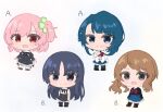  4girls :d aizawa_kazuha arm_at_side arms_at_sides assault_lily bare_arms black_hair black_ribbon black_shirt black_shoes black_skirt black_thighhighs blue_background blue_eyes blue_hair blue_skirt bow bowtie brown_hair brown_shoes buttons chibi closed_mouth clover_hair_ornament collared_shirt commentary_request cropped_jacket four-leaf_clover_hair_ornament frilled_skirt frills full_body gradient_background grey_eyes hair_ornament hairclip hand_on_own_chest hand_up high-waist_skirt hitotsuyanagi_riri iijima_renka jacket jewelry juliet_sleeves leg_ribbon long_sleeves looking_at_viewer low_side_ponytail miniskirt multiple_girls neck_ribbon one_side_up open_mouth parallel_hairclips pink_background pink_eyes pink_hair puffy_sleeves purple_eyes red_bow red_bowtie ribbon ring school_uniform shirai_yuyu shirt shoes side_ponytail skirt sleeveless sleeveless_shirt smile standing thigh_ribbon thighhighs umi_(s5r1umi_1399) white_jacket white_thighhighs yellow_background yurigaoka_girls_academy_school_uniform 