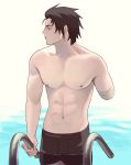 1boy abs amputee bandaged_arm bandages black_eyes black_hair black_male_underwear closed_mouth commentary cowboy_shot english_commentary hair_slicked_back handrail highres in_water male_underwear naruto_(series) nipples pool profile spiked_hair tenartistt uchiha_sasuke underwear water_drop wet 