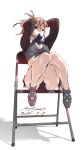  1girl black_panties breasts brown_eyes brown_hair full_body hair_tie_in_mouth highres legs looking_to_the_side mouth_hold nabipenciller original panties shirt shrug_(clothing) side-tie_panties sitting small_breasts solo thighs tied_shirt tying_hair underwear 