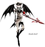  armband bad_id bad_pixiv_id bat_wings bisuke_(k_step2009) boots character_name highres military military_uniform monochrome polearm red_eyes remilia_scarlet short_hair smile solo spear spear_the_gungnir spot_color touhou uniform weapon wings 