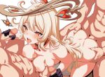  1girl 4boys abs ahegao alice_(genshin_impact) ass black_gloves blonde_hair blush censored completely_nude double_handjob erection gangbang genshin_impact gloves grabbing_another's_ass grabbing_another's_breast grabbing_from_behind groping group_sex handjob hat hetero highres long_hair mosaic_censoring multiple_boys nipples nude paizuri penis pointy_ears red_eyes sex sex_from_behind surrounded_by_penises takashia toned toned_male tongue tongue_out very_long_hair witch_hat 