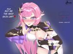  1boy 1girl absurdres artist_name black_gloves black_shorts black_shrug blue_eyes blush breasts captain_(honkai_impact) cleavage commentary corset elf elysia_(honkai_impact) elysia_(miss_pink_elf)_(honkai_impact) english_commentary english_text flashing gloves hair_ornament highres hiraku_chi honkai_(series) honkai_impact_3rd large_breasts medium_breasts nipples one_breast_out open_mouth pink_hair pointy_ears purple_background short_shorts shorts shrug_(clothing) simple_background single_glove speech_bubble thighs white_corset 