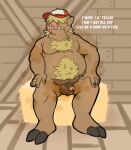 2025 belly blonde_hair clothing covered_eyes dirty_penis domestic_pig farmer hair hairy hat headgear headwear hi_res lemuralert male mammal overweight sitting slightly_chubby smelly stink_fumes suid suine sus_(pig)